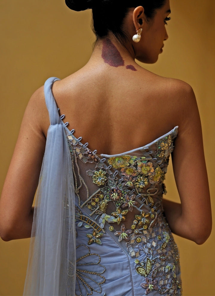 Blue And Pastel Green One Shoulder Chiffon Corset Dress