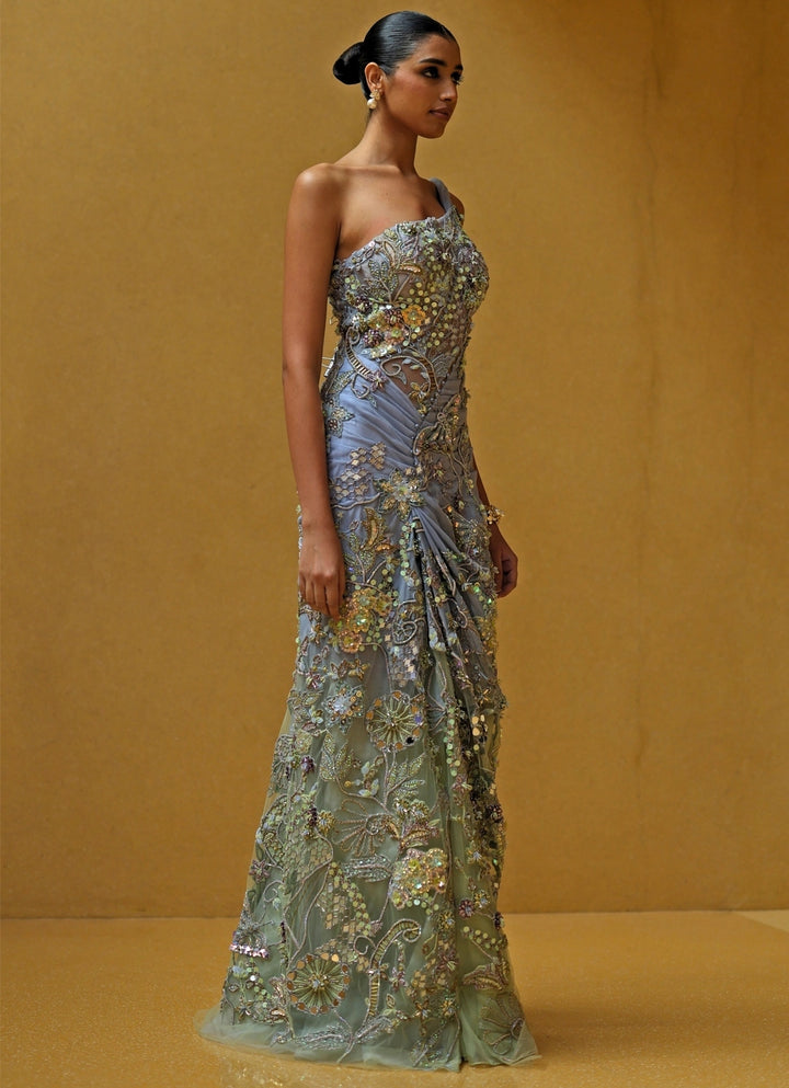 Blue And Pastel Green One Shoulder Chiffon Corset Dress