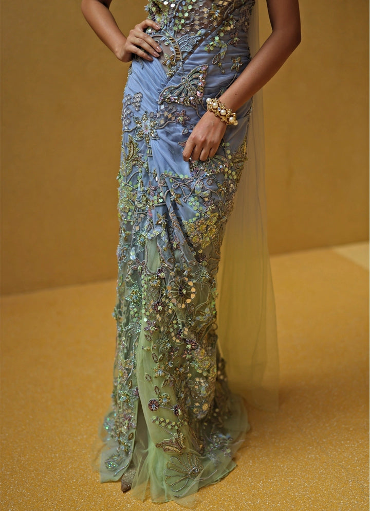 Blue And Pastel Green One Shoulder Chiffon Corset Dress