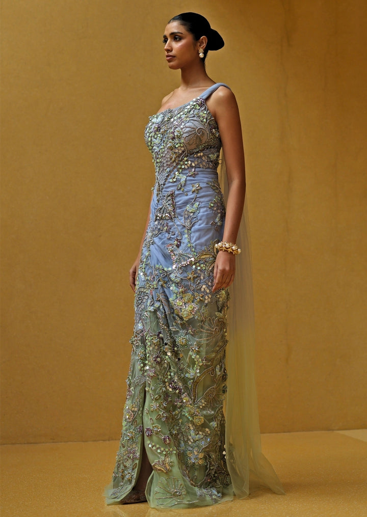 Blue And Pastel Green One Shoulder Chiffon Corset Dress