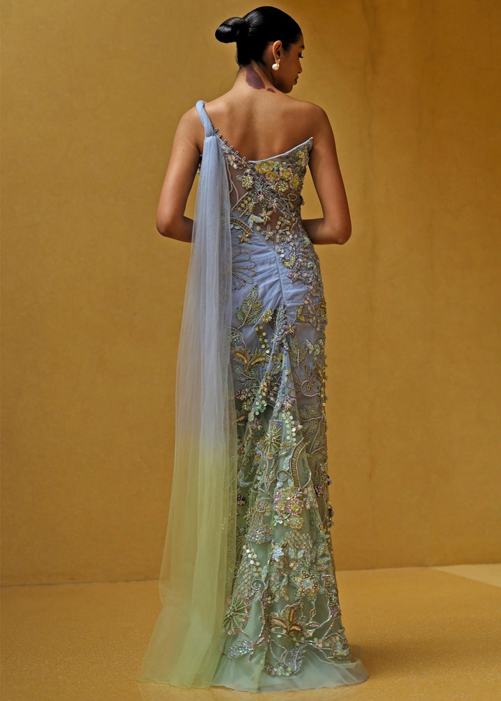Blue And Pastel Green One Shoulder Chiffon Corset Dress