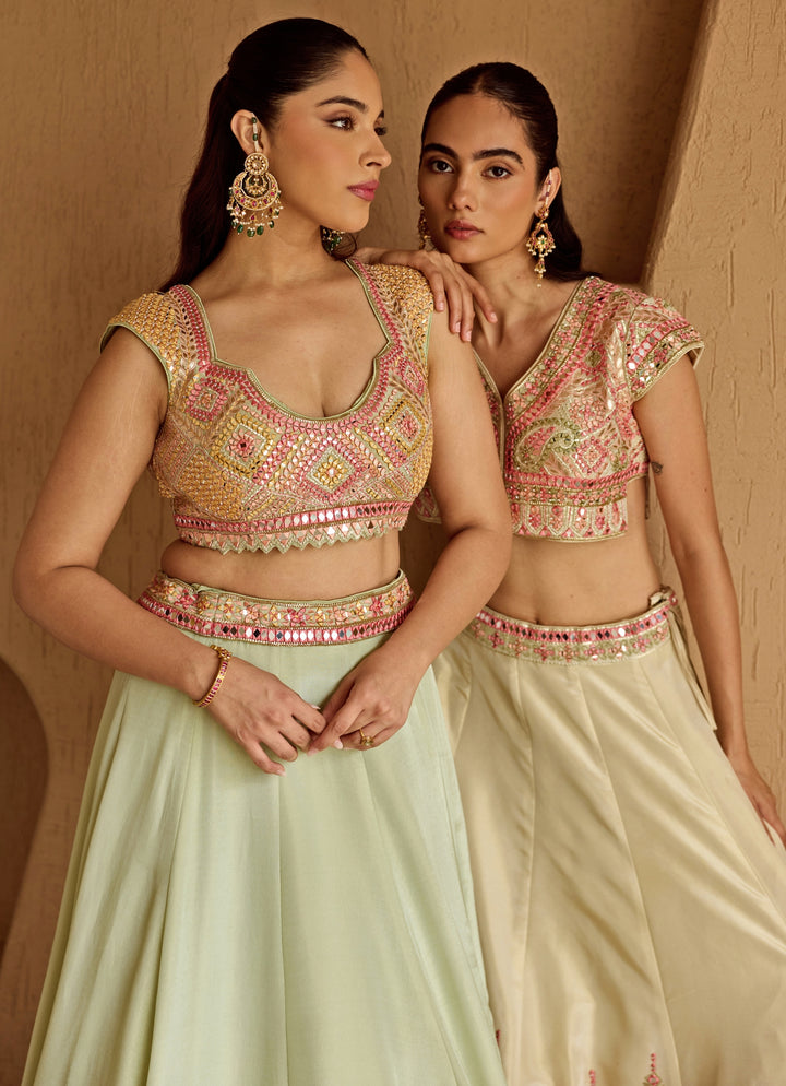Ivory And Yellow Embroidered Tissue Lehenga