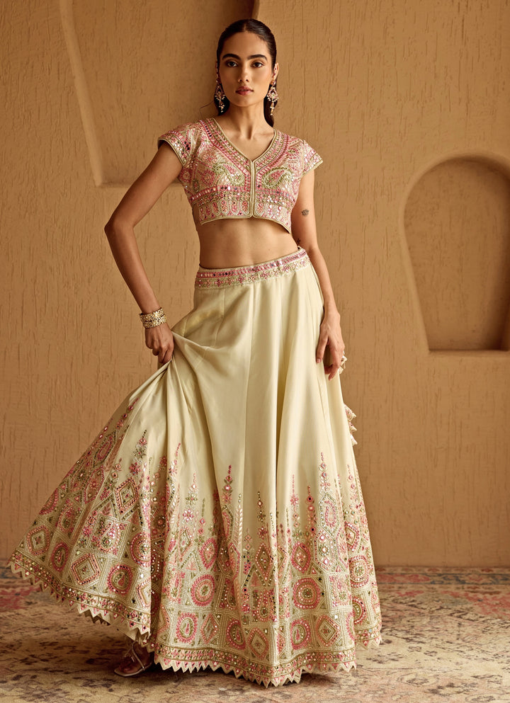 Ivory And Yellow Embroidered Tissue Lehenga