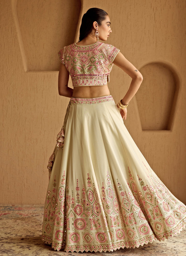 Ivory And Yellow Embroidered Tissue Lehenga