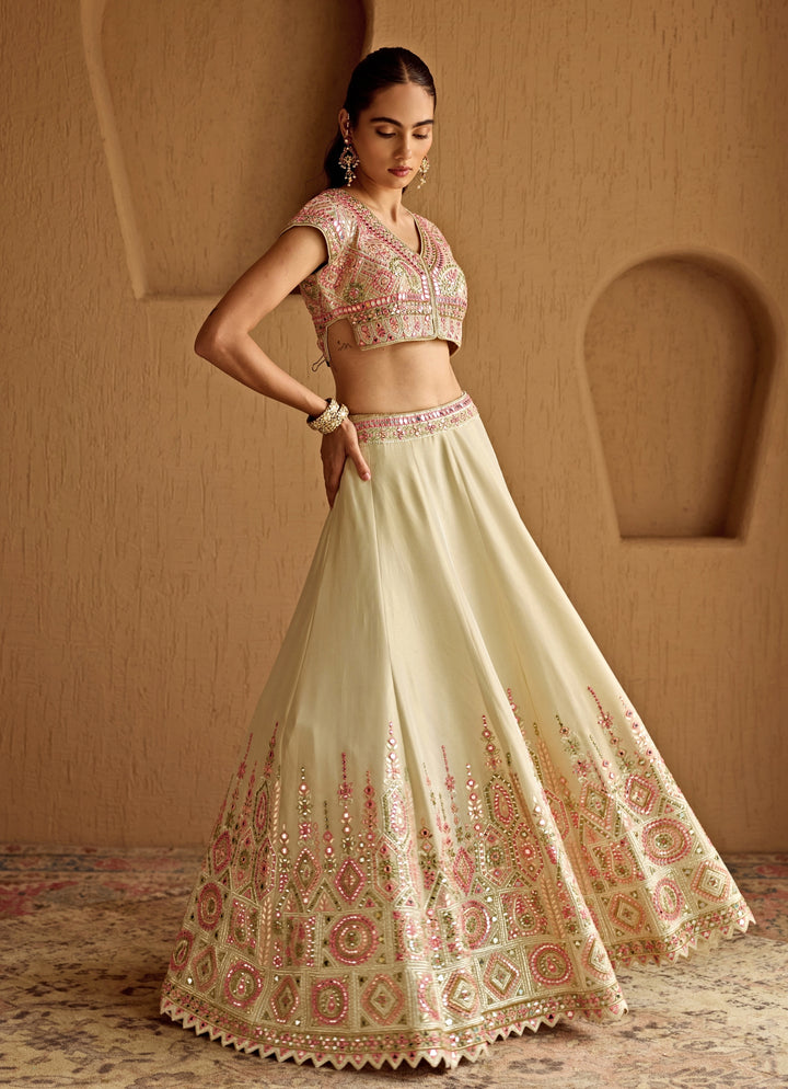 Ivory And Yellow Embroidered Tissue Lehenga