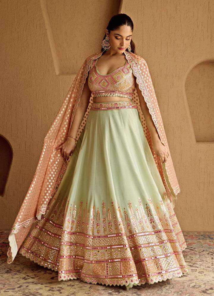 Mint Green Embroidered Tissue Lehenga