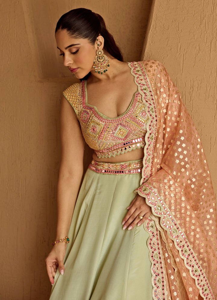 Mint Green Embroidered Tissue Lehenga