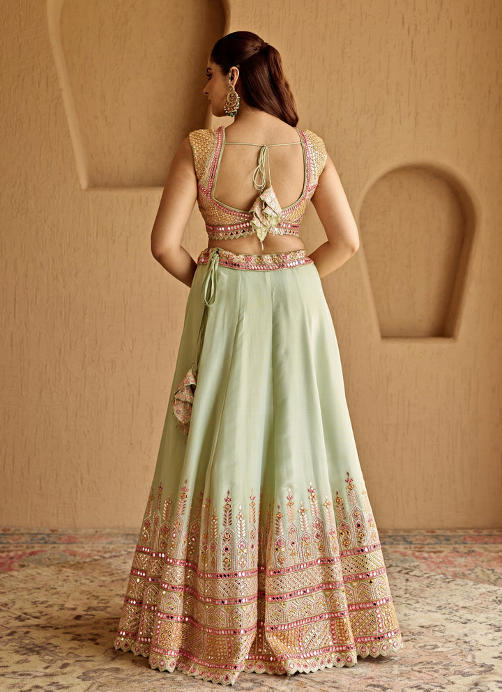 Mint Green Embroidered Tissue Lehenga