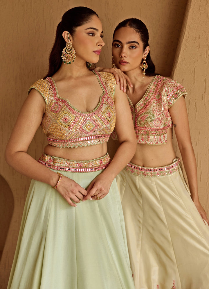 Mint Green Embroidered Tissue Lehenga