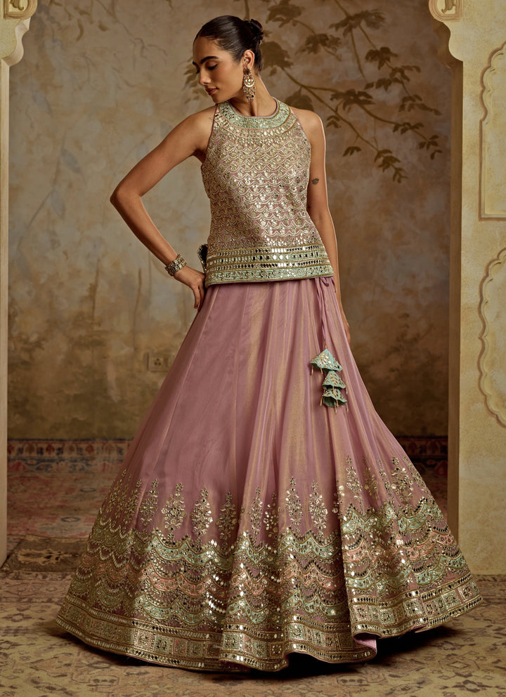 Lilac Embroidered Tissue Kurta Lehenga