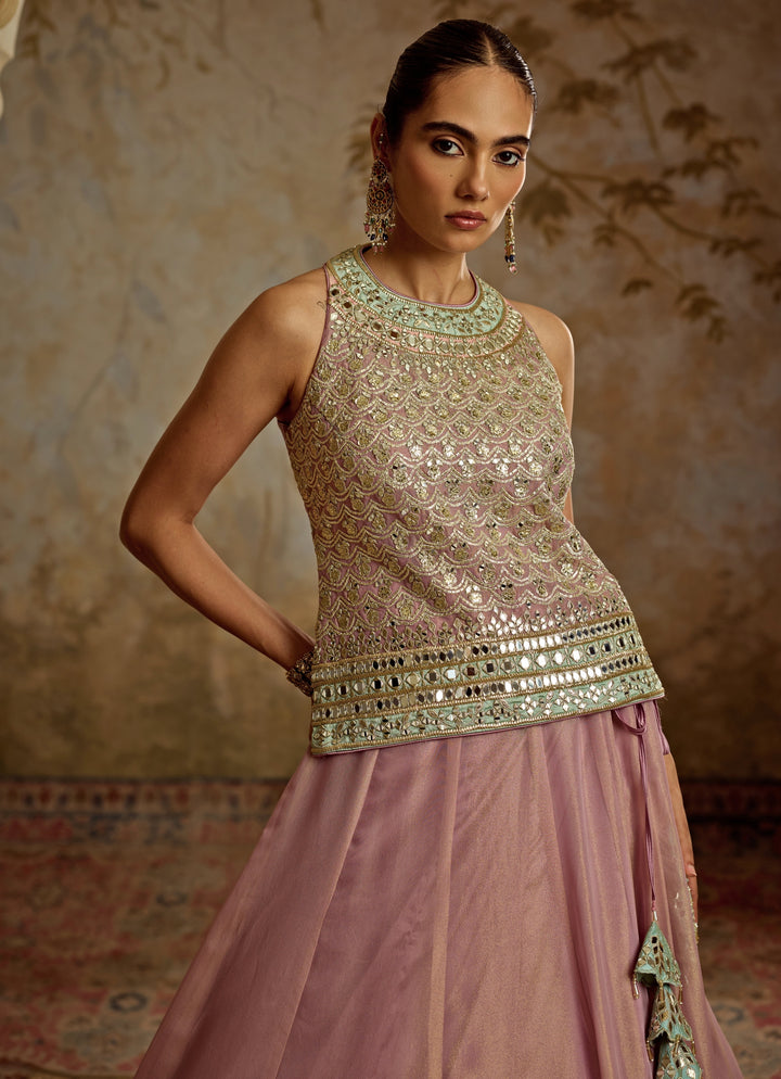 Lilac Embroidered Tissue Kurta Lehenga
