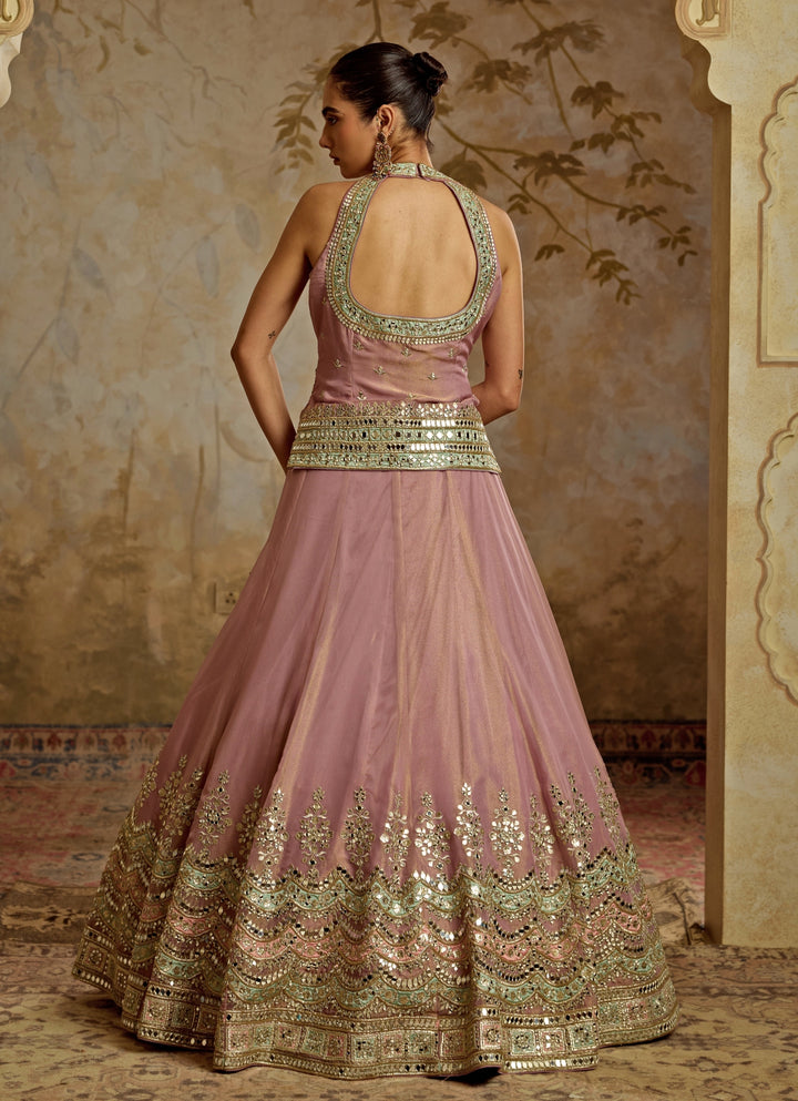 Lilac Embroidered Tissue Kurta Lehenga