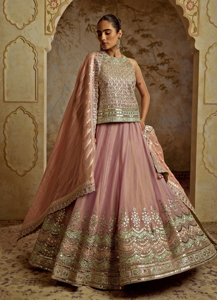 Lilac Embroidered Tissue Kurta Lehenga