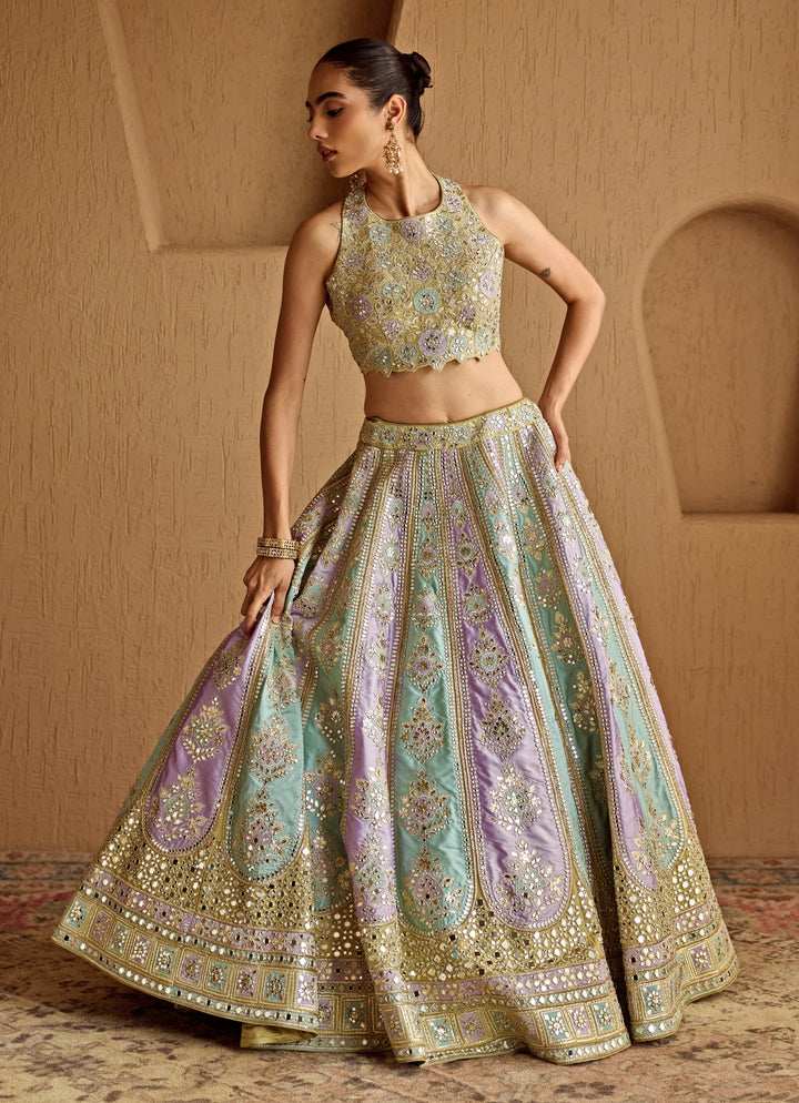 Lime Green Patch Embroidered Taffeta Lehenga