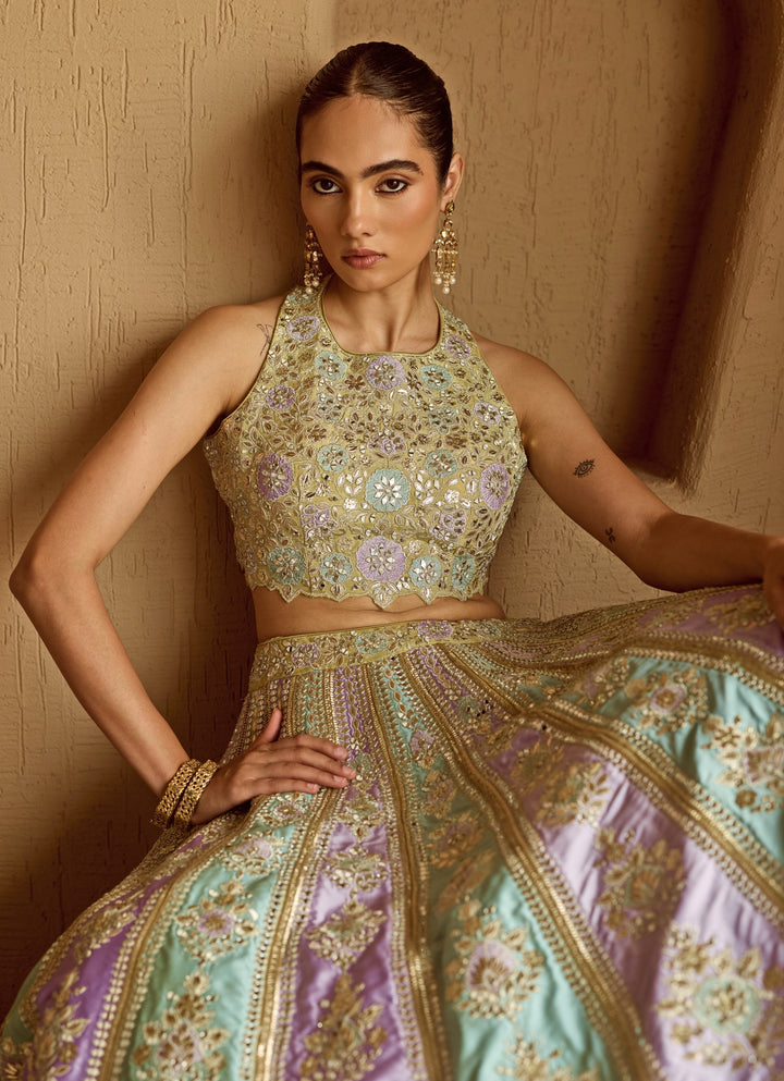 Lime Green Patch Embroidered Taffeta Lehenga