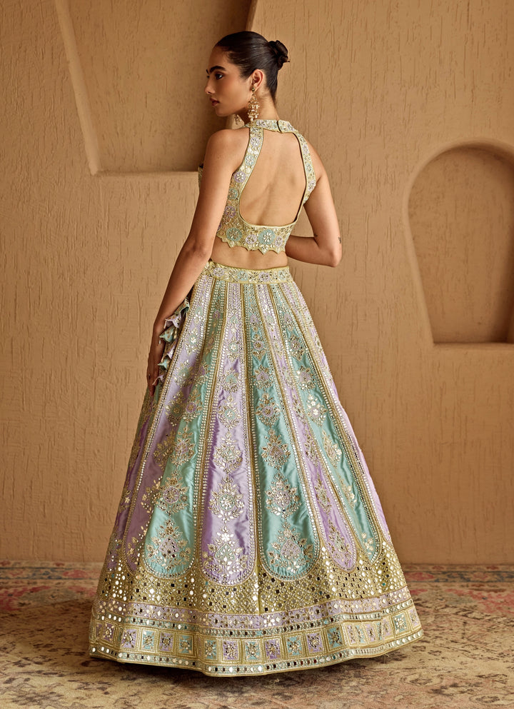 Lime Green Patch Embroidered Taffeta Lehenga
