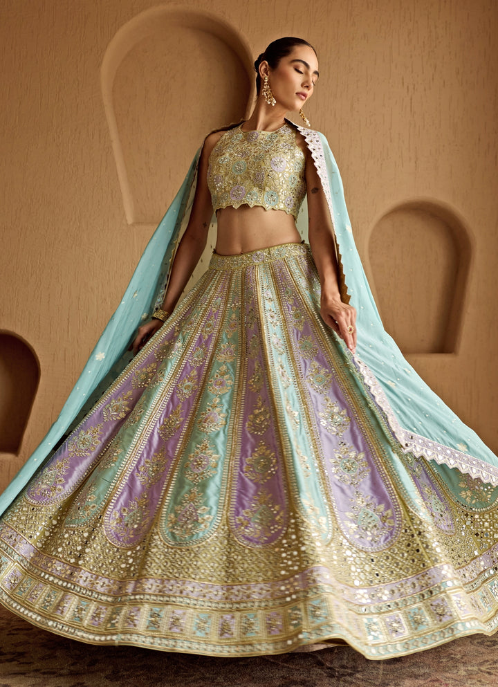 Lime Green Patch Embroidered Taffeta Lehenga