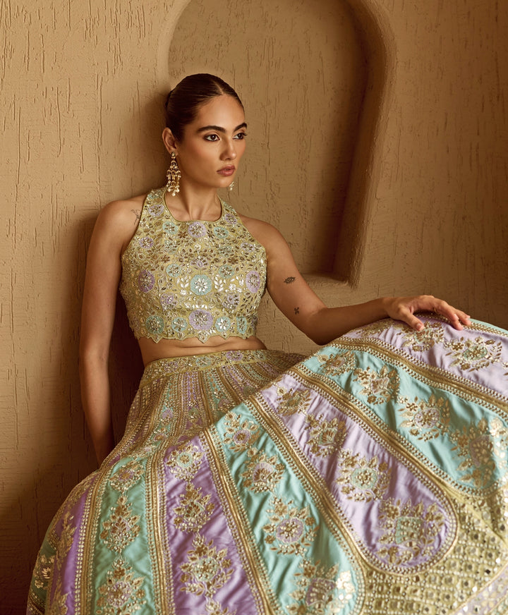 Lime Green Patch Embroidered Taffeta Lehenga