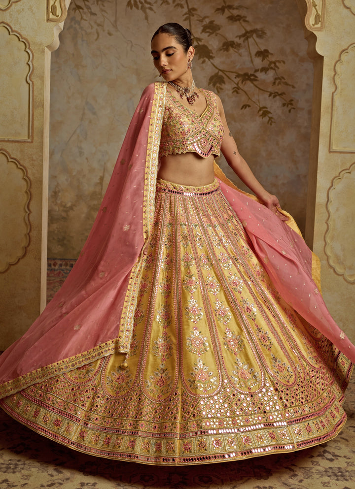 Yellow And Pink Mirror Embroidered Silk Lehenga