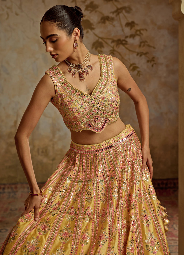 Yellow And Pink Mirror Embroidered Silk Lehenga
