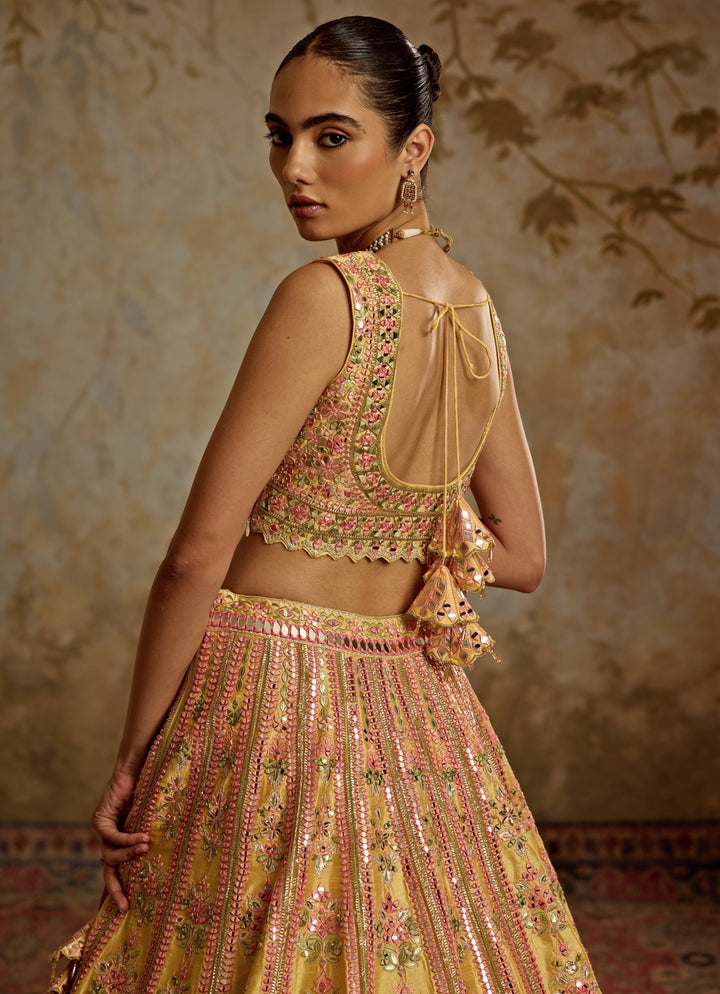Yellow And Pink Mirror Embroidered Silk Lehenga