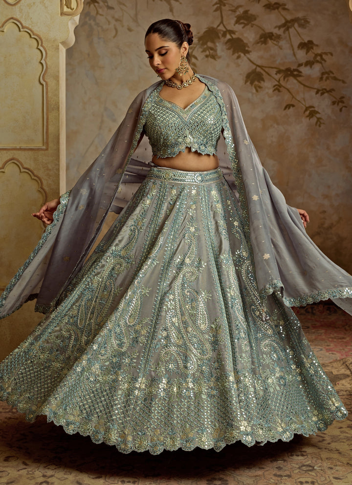 Grey Mirror Embroidered Tissue Lehenga