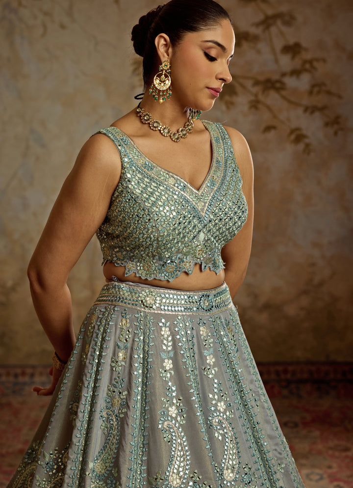 Grey Mirror Embroidered Tissue Lehenga