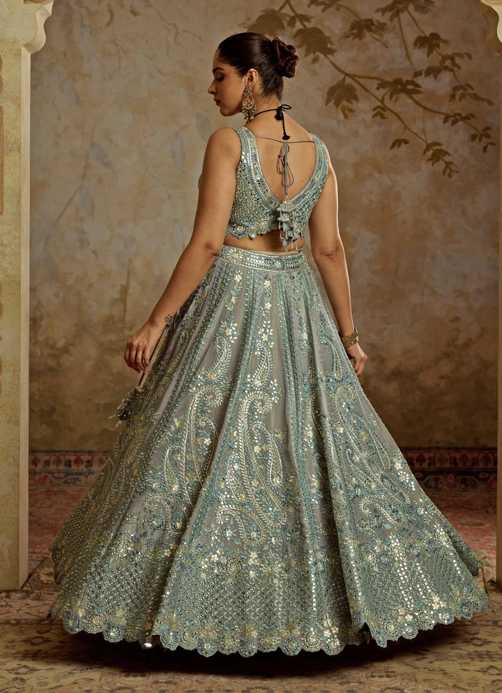 Grey Mirror Embroidered Tissue Lehenga