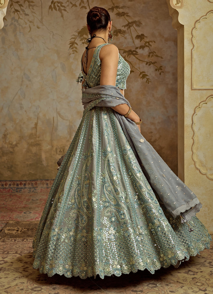 Grey Mirror Embroidered Tissue Lehenga