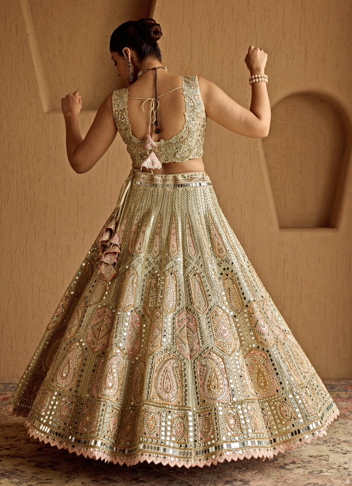 Ivory And Peach Mirror Embroidered Tissue Lehenga