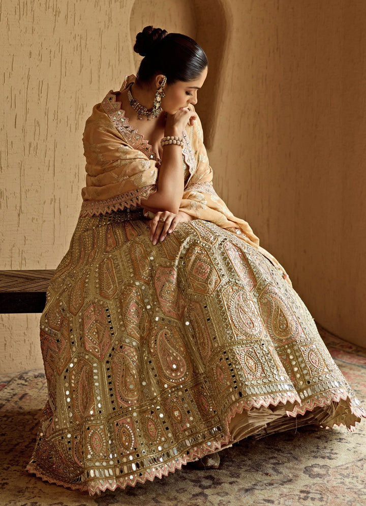 Ivory And Peach Mirror Embroidered Tissue Lehenga