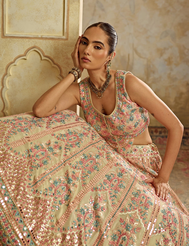Ivory Embroidered Tissue Lehenga