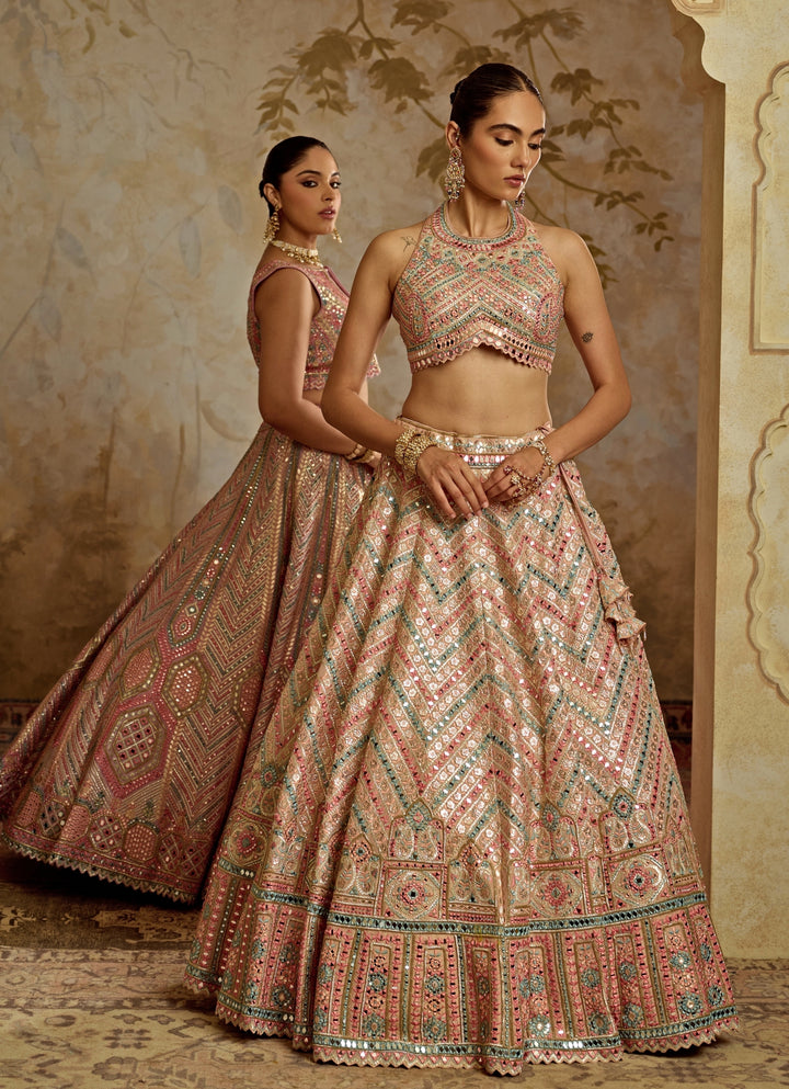 Peach Gota And Mirror Embroidered Tissue Lehenga