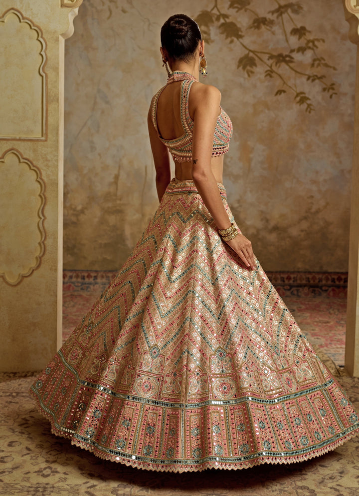 Peach Gota And Mirror Embroidered Tissue Lehenga
