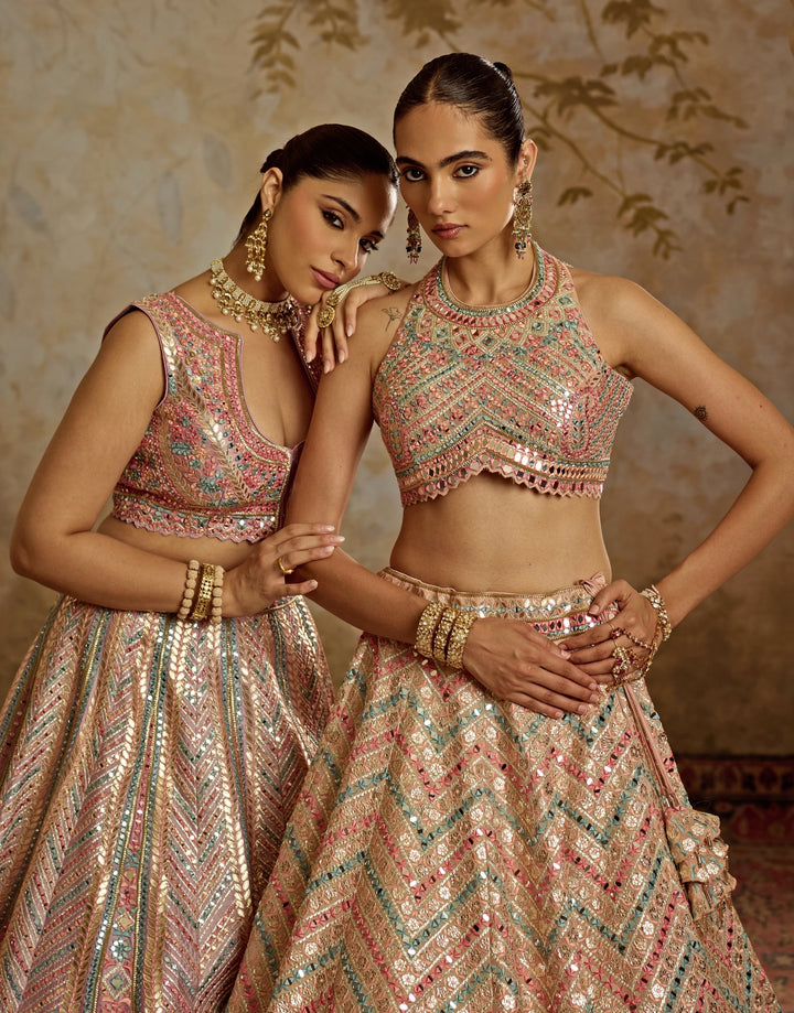 Peach Gota And Mirror Embroidered Tissue Lehenga