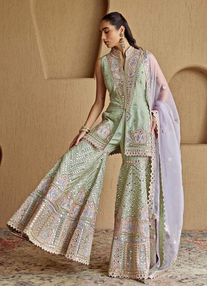 Mint Green And Purple Embroidered Tissue Kurta Garara Set