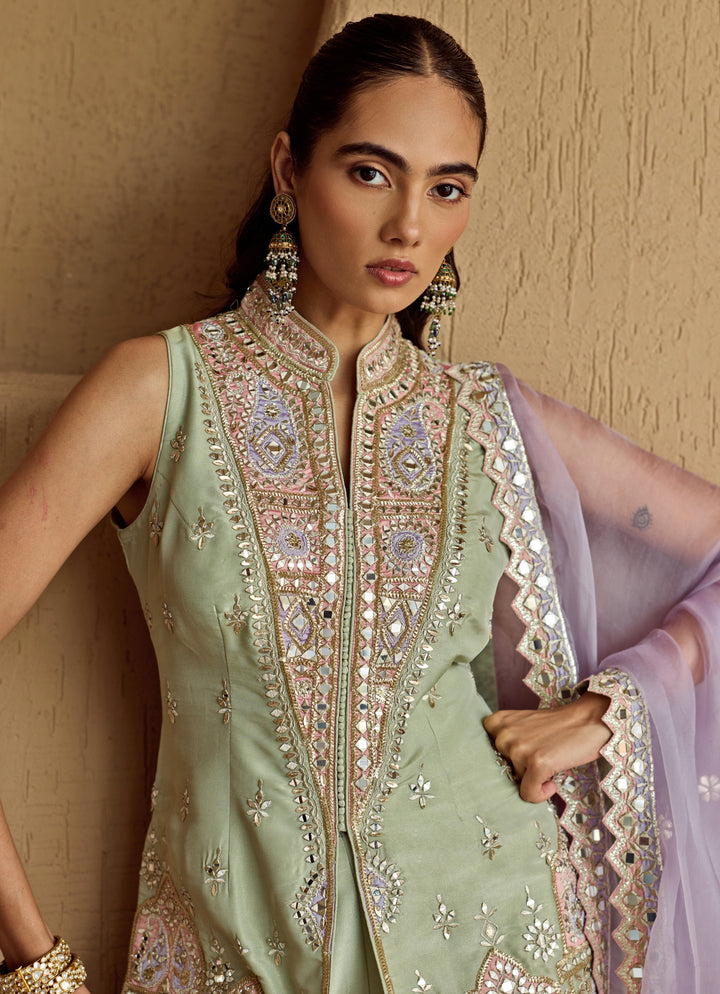 Mint Green And Purple Embroidered Tissue Kurta Garara Set