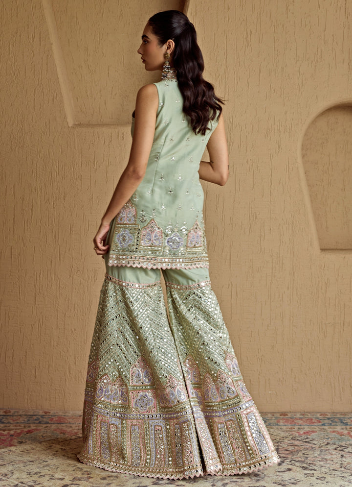 Mint Green And Purple Embroidered Tissue Kurta Garara Set