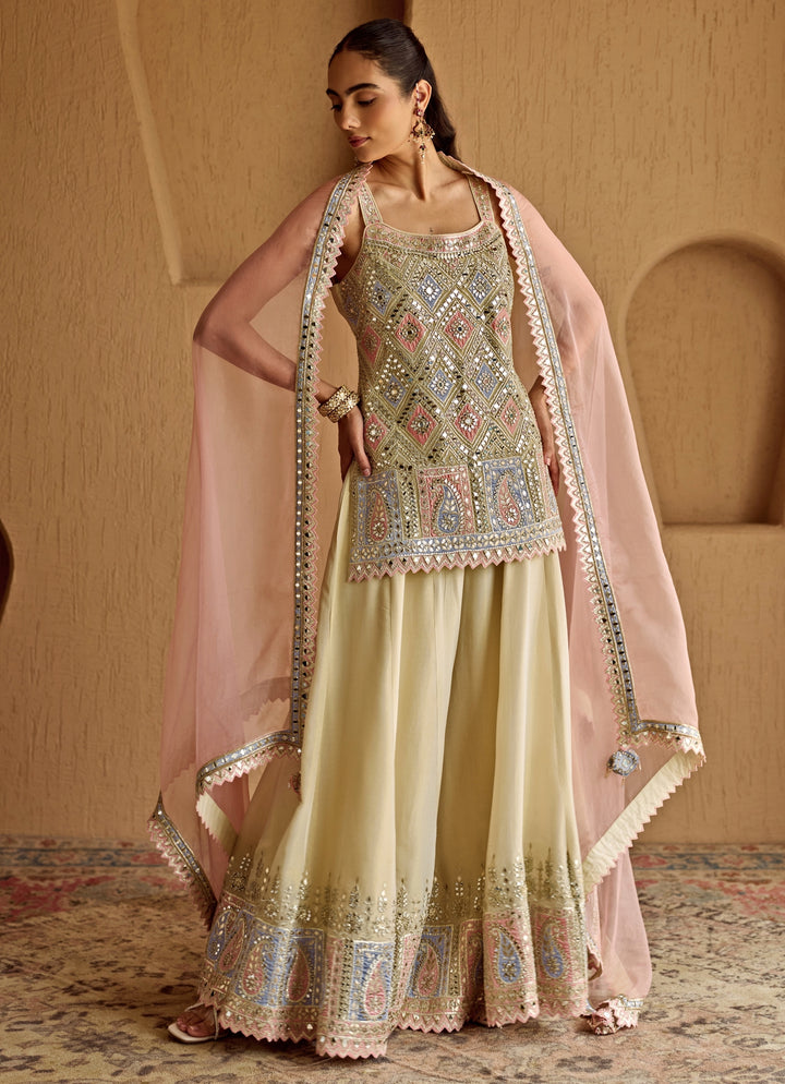 Ivory And Pink Mirror Embroidered Tissue Kurta Sharara Set