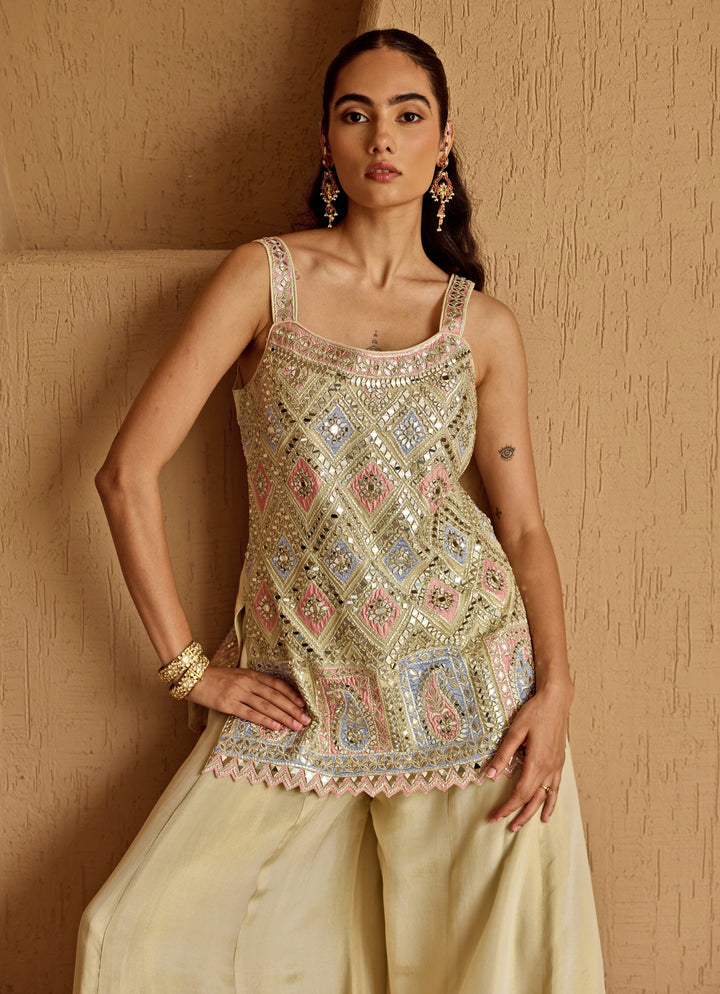 Ivory And Pink Mirror Embroidered Tissue Kurta Sharara Set