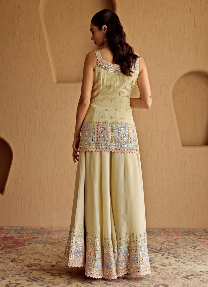 Ivory And Pink Mirror Embroidered Tissue Kurta Sharara Set