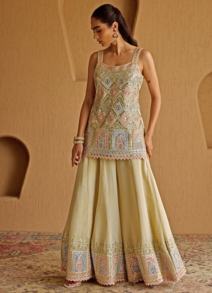 Ivory And Pink Mirror Embroidered Tissue Kurta Sharara Set