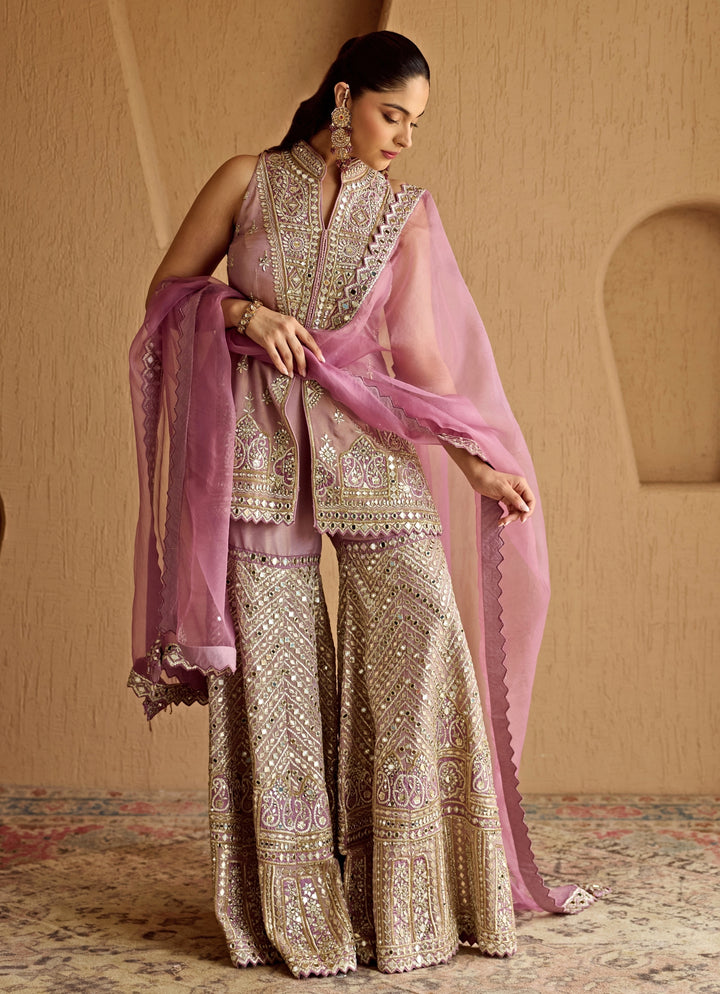 Lilac Pink Mirror Embroidered Tissue Kurta Garara Set