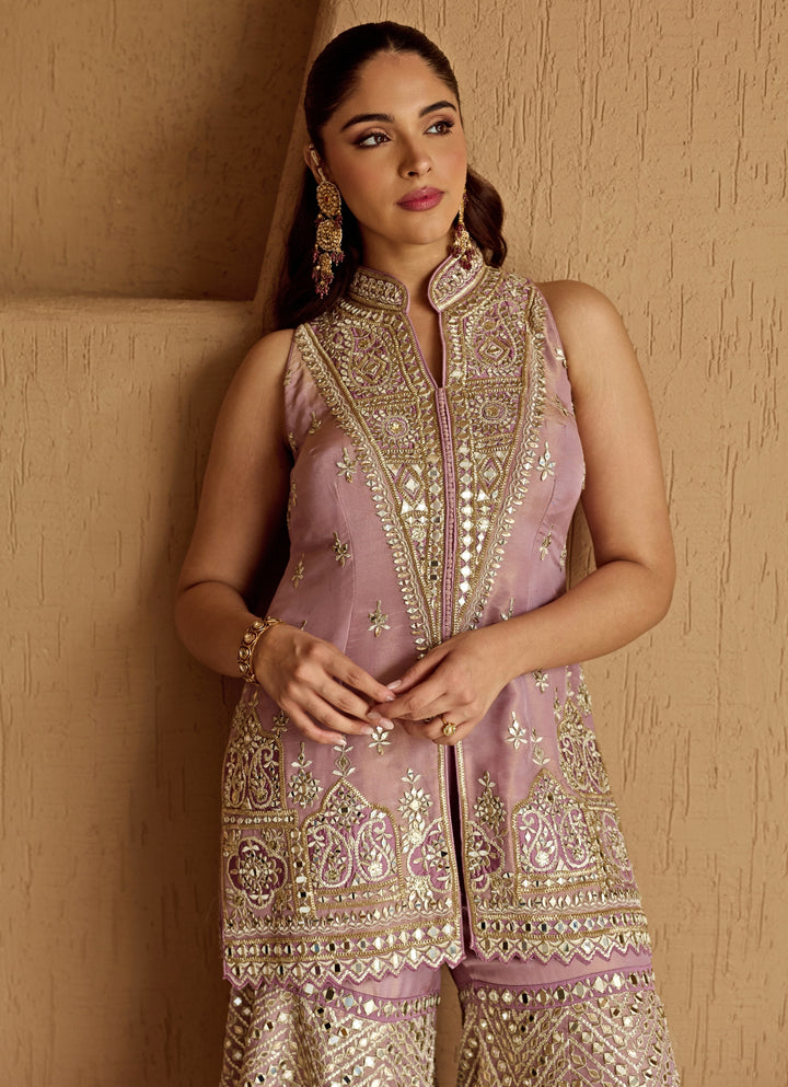 Lilac Pink Mirror Embroidered Tissue Kurta Garara Set