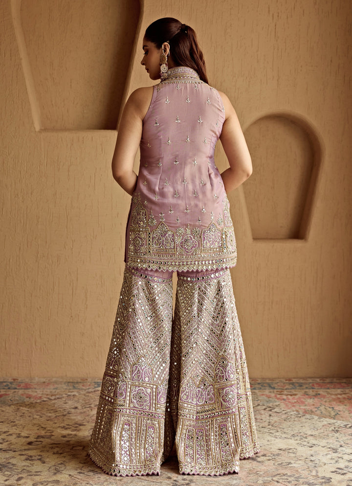 Lilac Pink Mirror Embroidered Tissue Kurta Garara Set