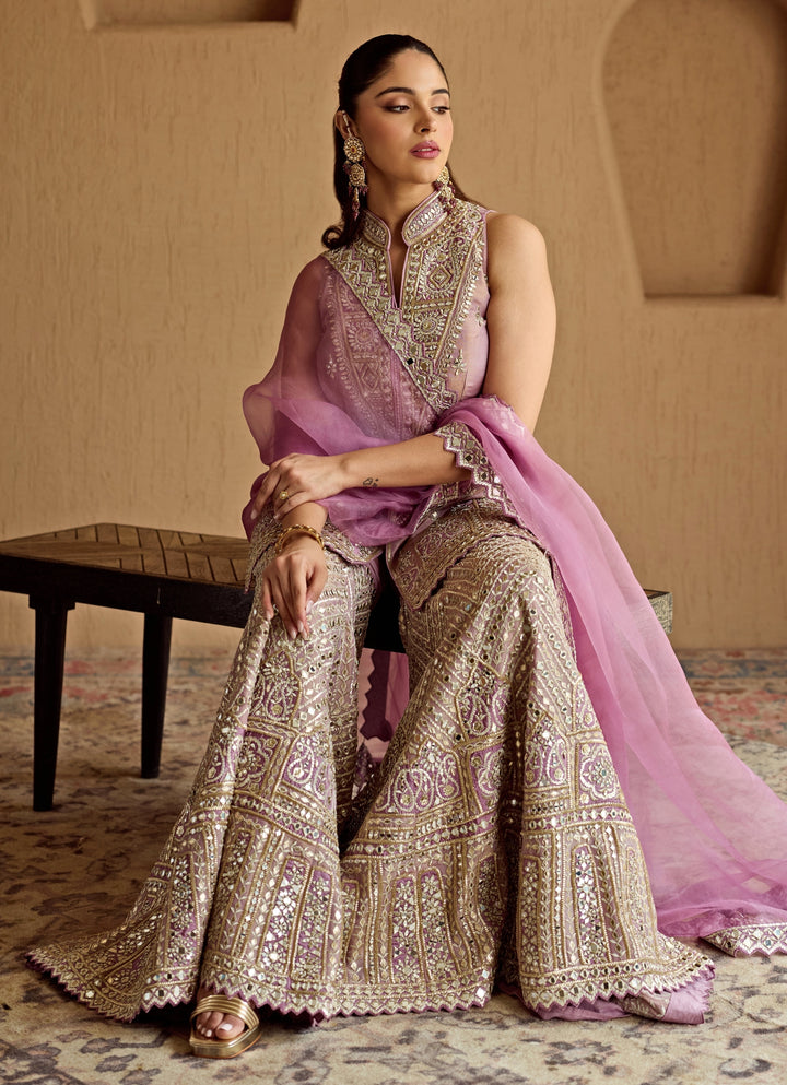 Lilac Pink Mirror Embroidered Tissue Kurta Garara Set