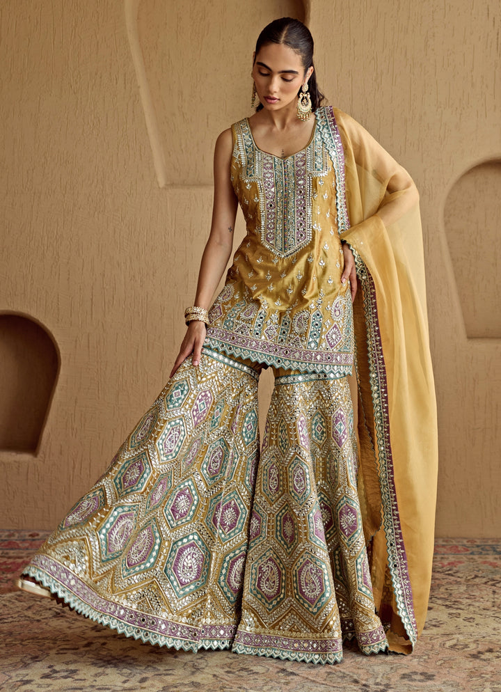 Mustard Yellow Mirror Embroidered Silk Kurta Garara Set