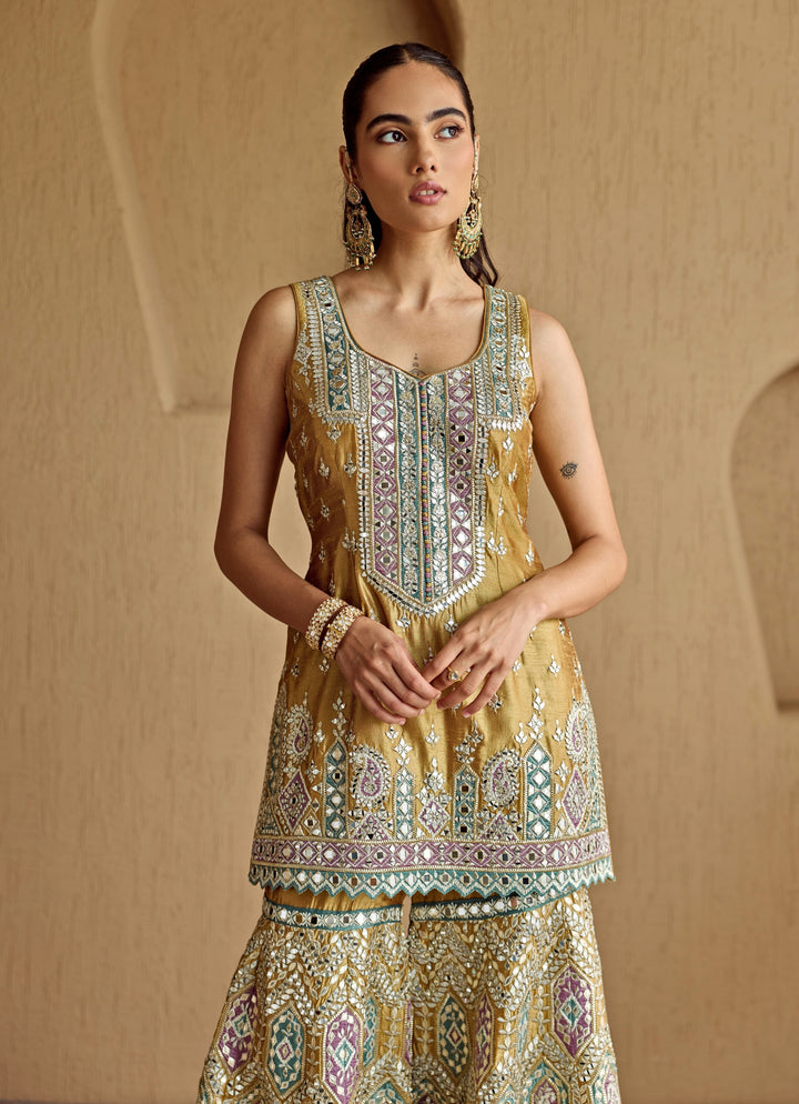 Mustard Yellow Mirror Embroidered Silk Kurta Garara Set