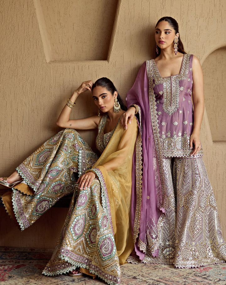 Mustard Yellow Mirror Embroidered Silk Kurta Garara Set