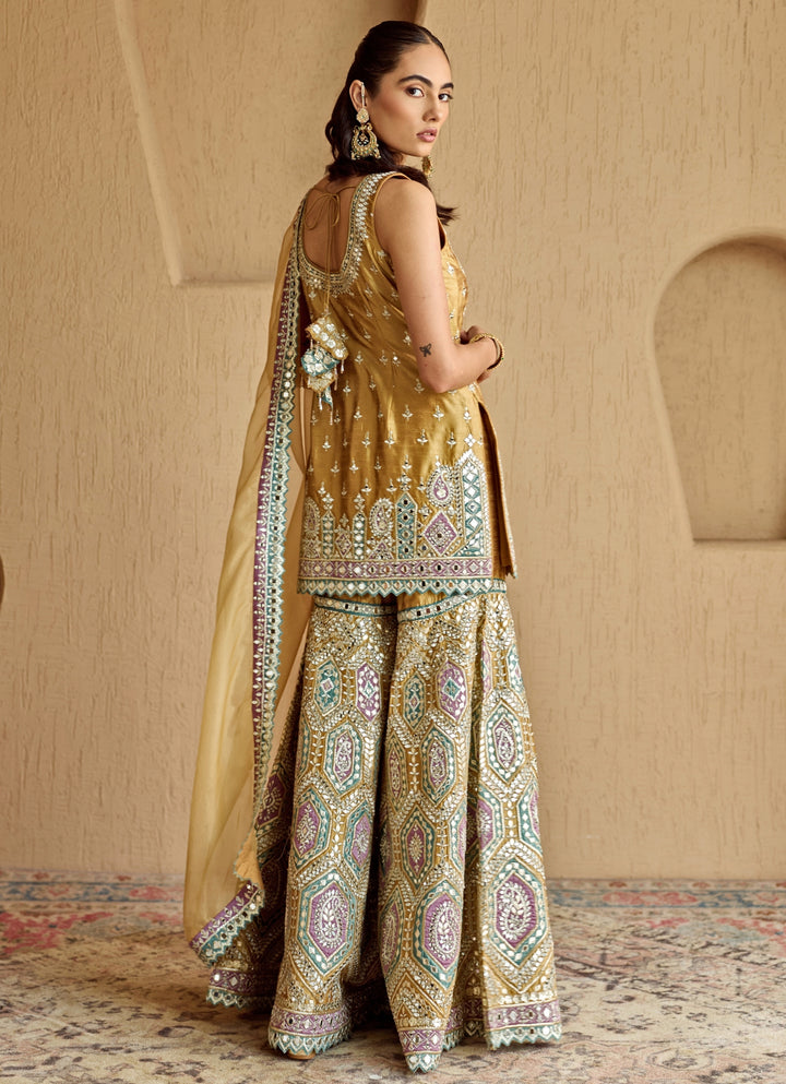 Mustard Yellow Mirror Embroidered Silk Kurta Garara Set